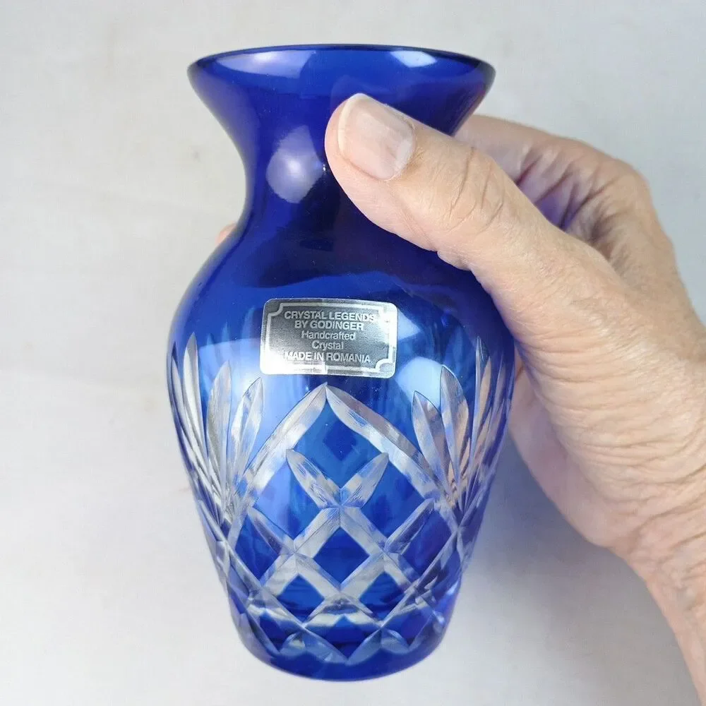 Set‎ of 2 Godinger Crystal Legends Cobalt Cut Clear Bud Vases Silver Plated Base